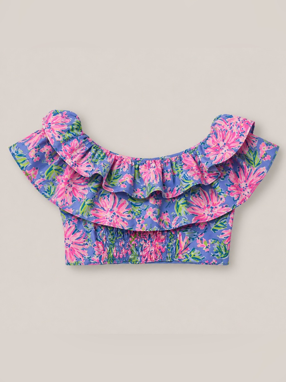 Lilly Pulitzer Off-the-Shoulder Ruffle Crop Top Blue Pink Floral Women’s Size 00
